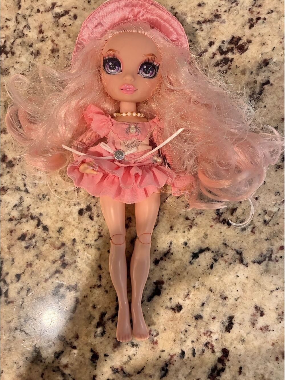 Pink Fashion Doll with Long Curly Hair and Pearl Necklace